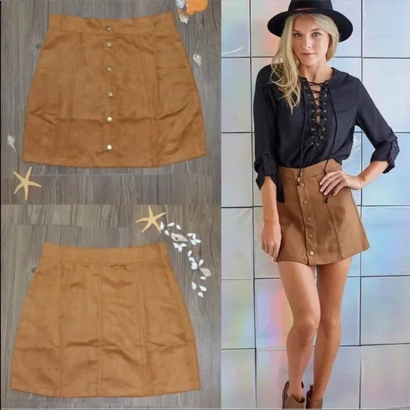 ✨RESTOCK✨FUN & FLIRTY BUTTON DOWN SKIRT IN COGNAC‎ - Picture 4 of 5